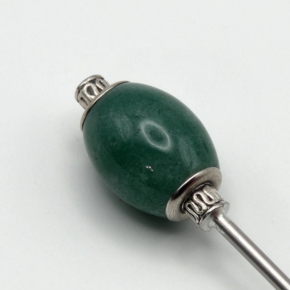Jumbo Green Agate Natural Gemstone Crown Oval Stainless Steel Hair Stick - Picture 1 of 6